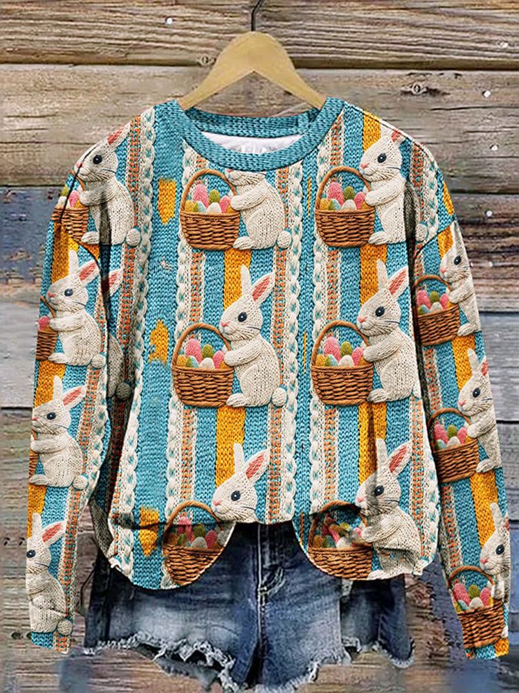 Easter Egg Bunny Print Round Neck Casual Sweatshirt