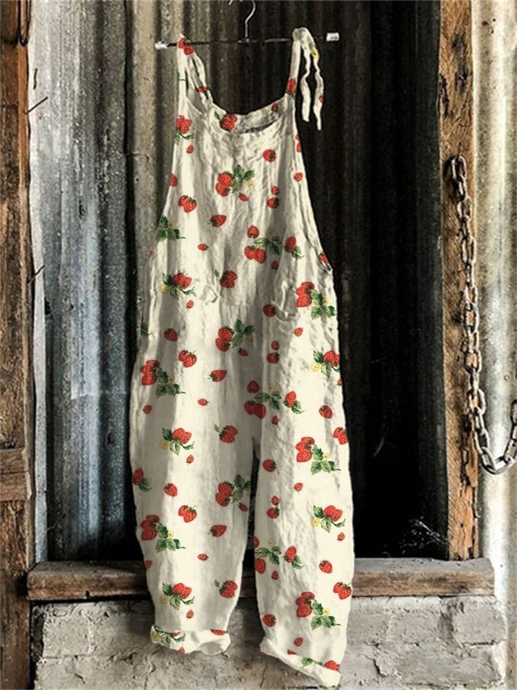 Cottage Strawberry Pattern Loose Fit Jumpsuit