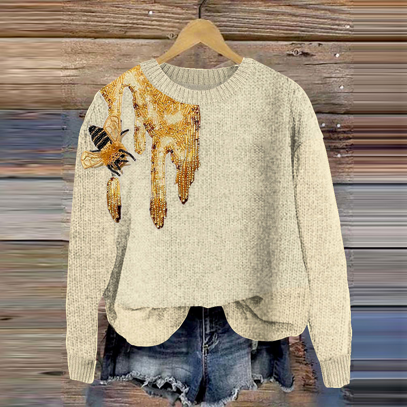 Honey And Bees Embroidery Art Cozy Knit Sweater