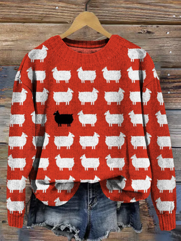 Cute Sheeps Doodle Art Comfy Knit Sweater