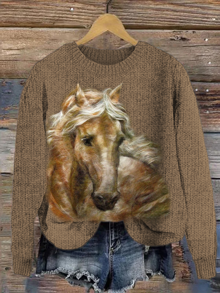 Brown Horse Felt Art Pattern Crew Neck Sweater