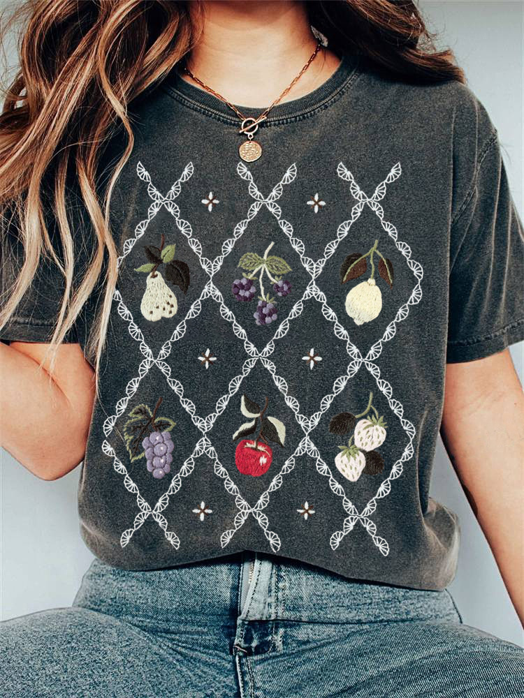 Fruit Embroidered Pattern Lace Cozy Vintage T-Shirt