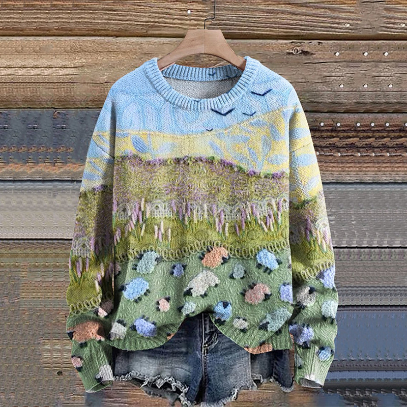 A Flock Of Rainbow Colored Sheep In The Meadow Print Knit Pullover Sweater