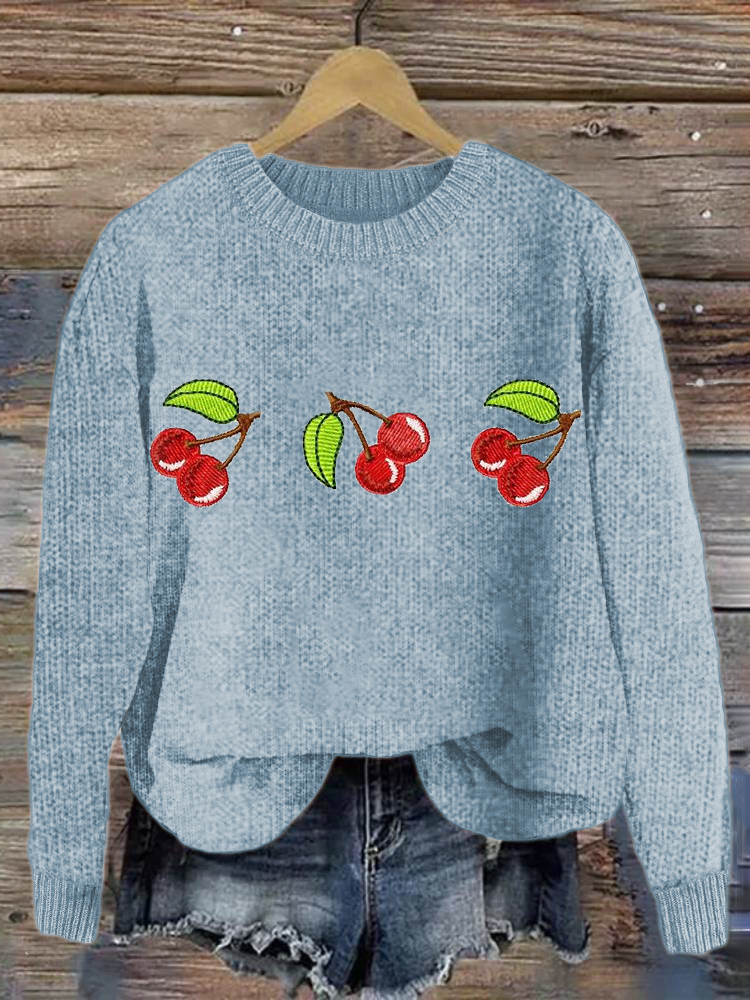 Cherry Embroidery Pattern Cozy Knit Sweater