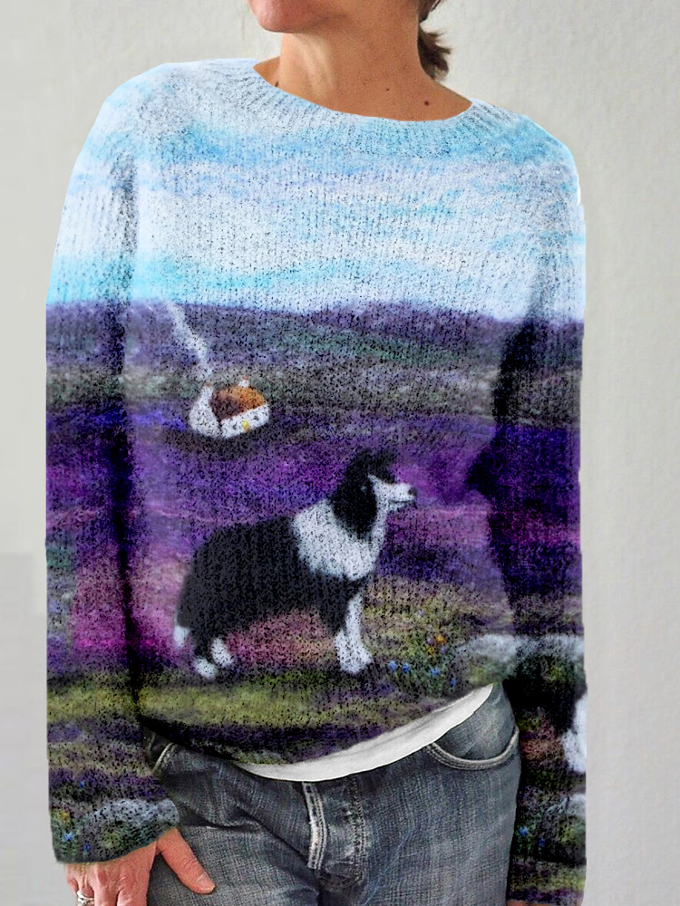Cute Sheep Dog Landscape Felt Art Cozy Sweater