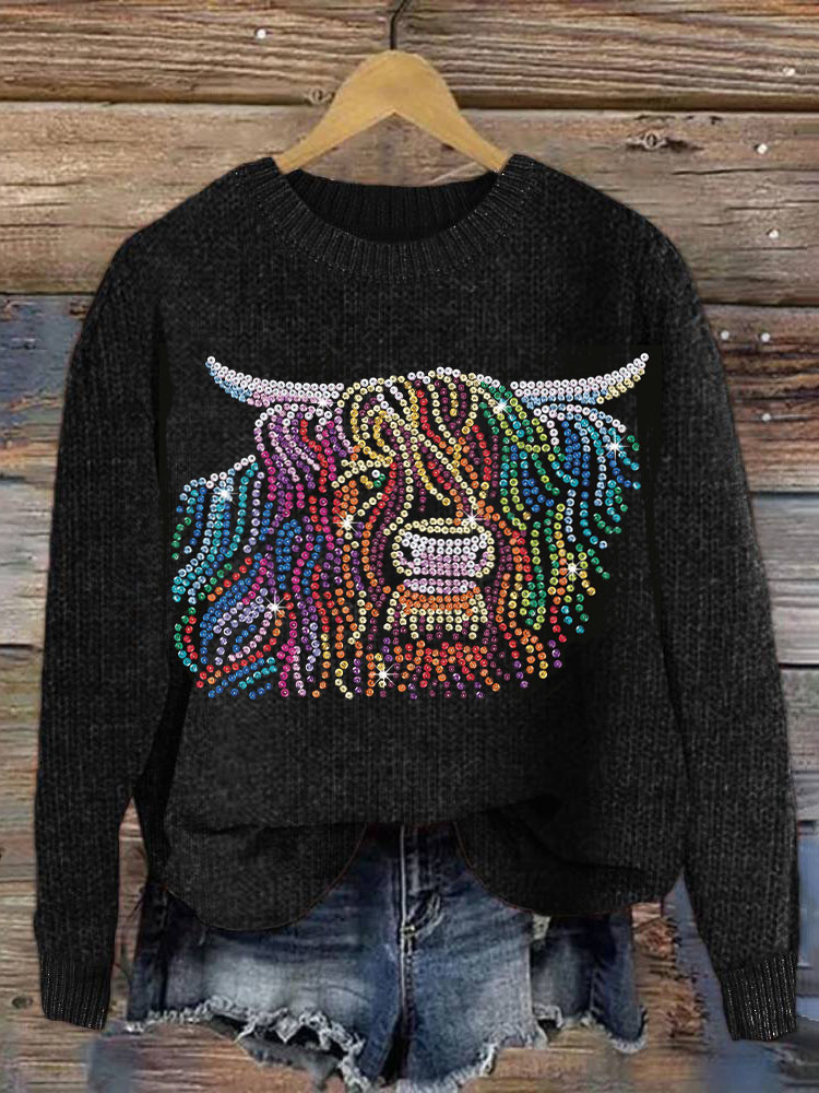 Highland Cow Sequin Cozy Knit Sweater