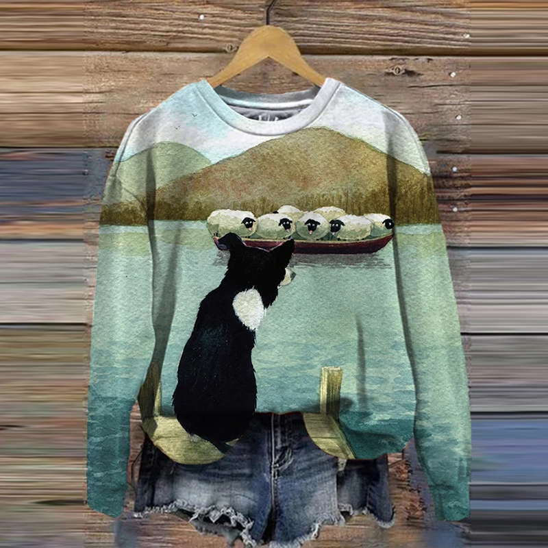 Women'S Collie And Sheep Print Casual Round Neck Sweatshirt