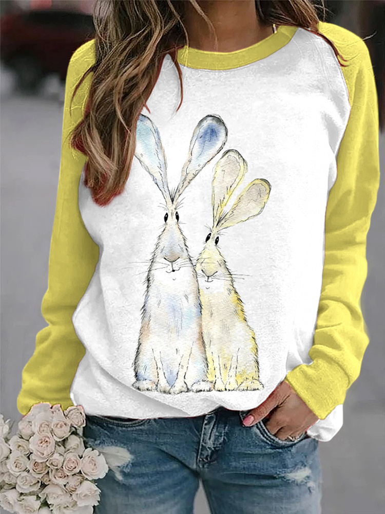 Watercolor Bunny Print Casual Cozy Sweater