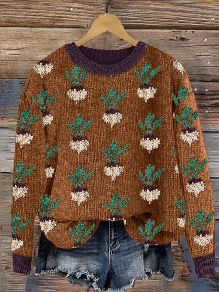 Vintage Radish Pattern Cozy Knit Sweater