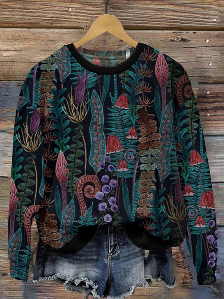 Forest Mushroom Printing Casual Round Neck Sweatshirt