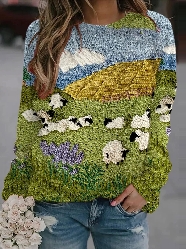 Women'S Cute Sheep Print Crew Neck Sweatshirt