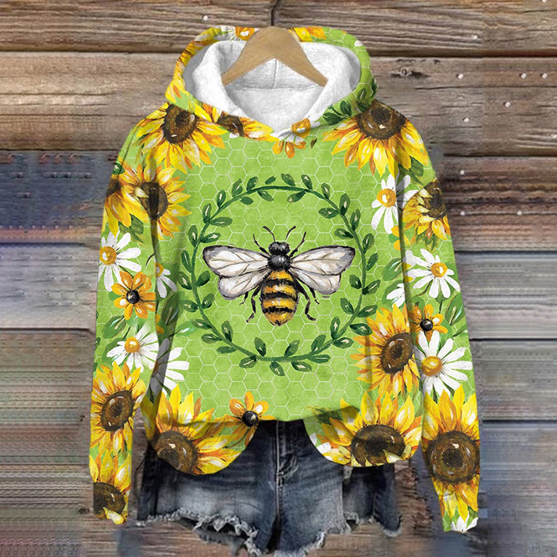 Bee And Flower Art Pattern Print Long Sleeve Sweatshirt