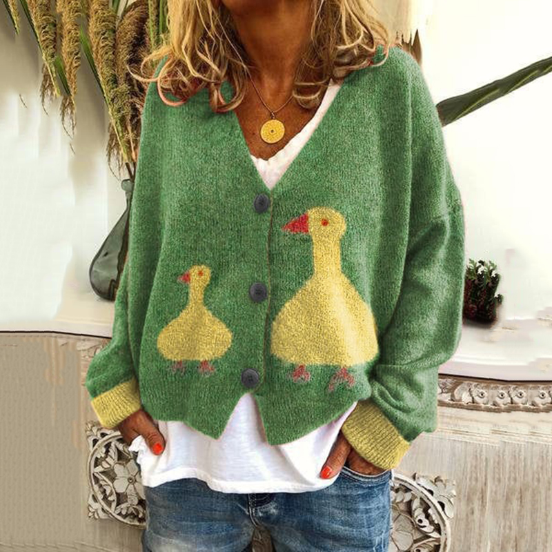 Cute Ducks Print Casual Knitted Cardigan