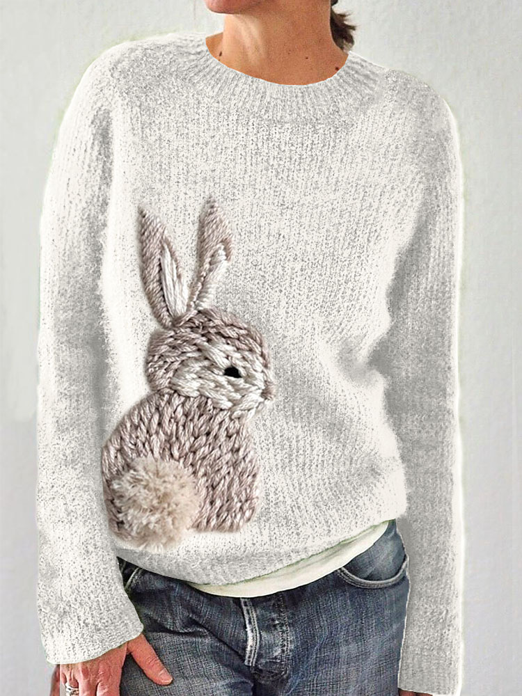 Cute Bunny Embroidery Art Cozy Knit Sweater