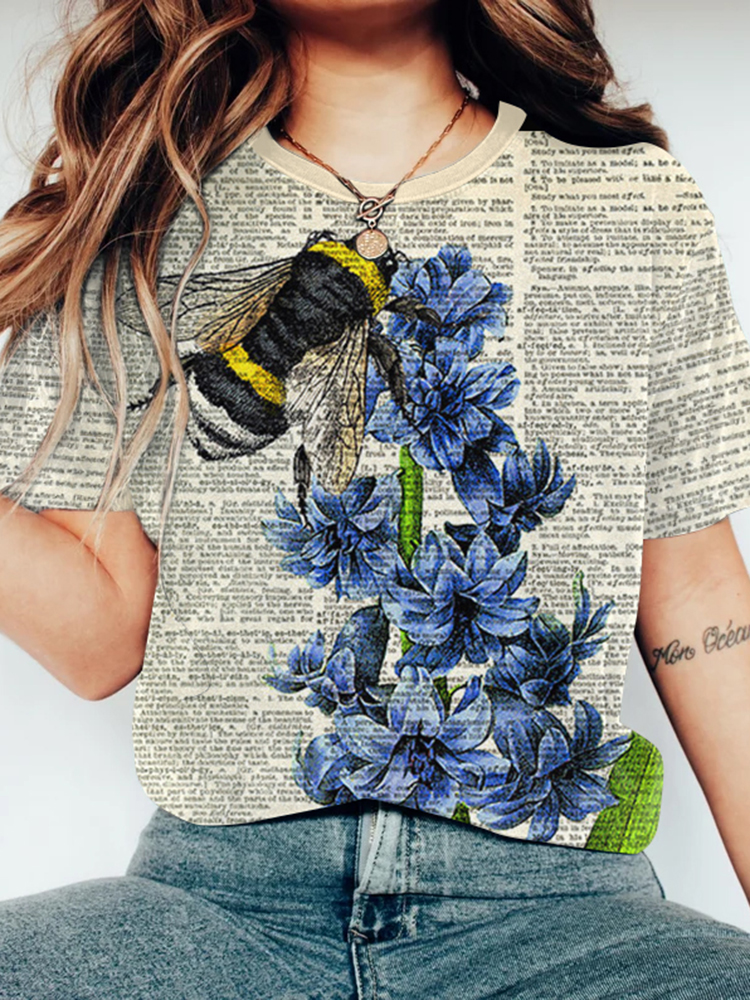 Vintage Bee Print Short Sleeve T-Shirt