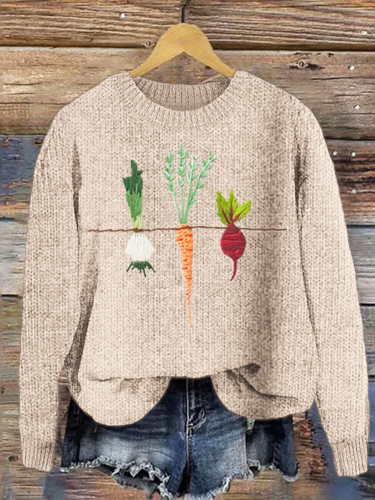 Vegetable Embroidery Crew Neck Sweater