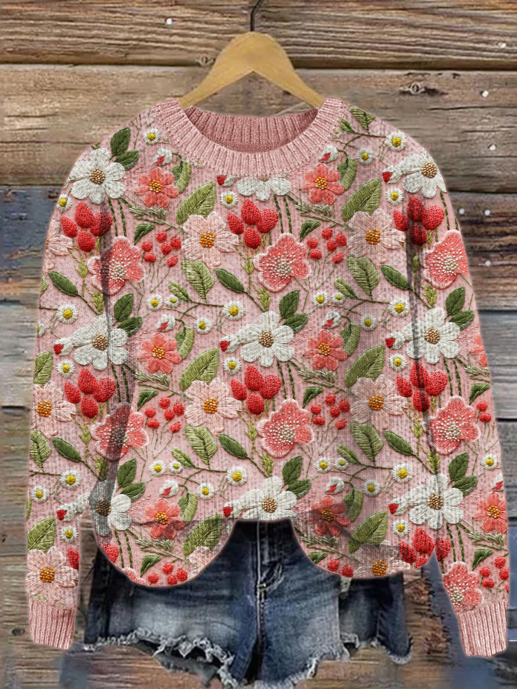 Strawberry Floral Embroidery Cozy Knit Sweater