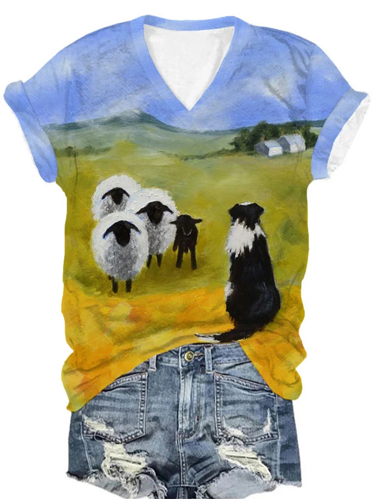 Womens Sheepdog And Sheep Print V-Neck T-Shirt