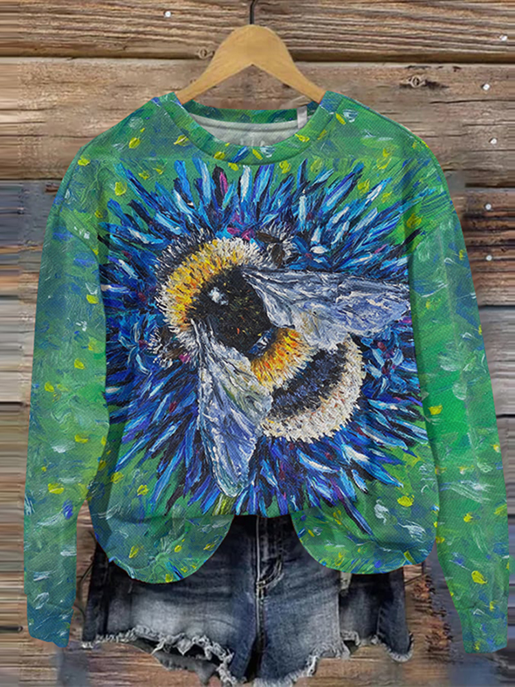 Bee Art Print Crew Neck Sweatshirt
