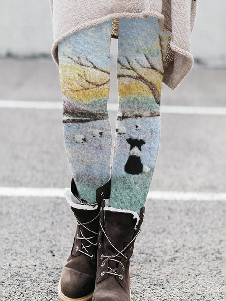Border Collie & Sheep Winter Landscape Felt Art Cozy Leggings