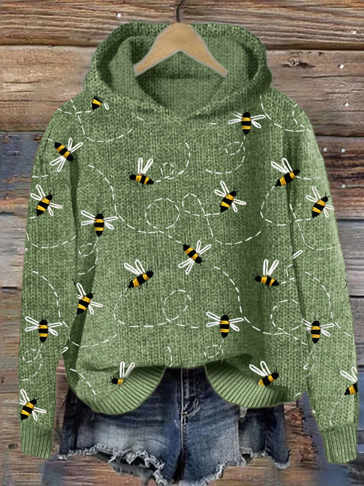 Flying Bees Embroidery Pattern Cozy Knit Hoodie