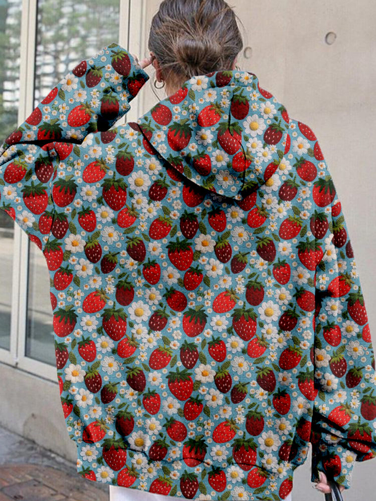 Felt Strawberries and Flowers Embroidery Comfy Hoodie