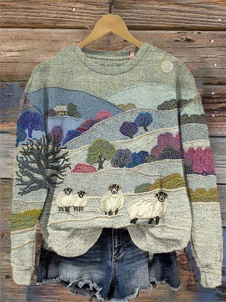 Mountain & Sheep Pattern Crew Neck Sweatshirt