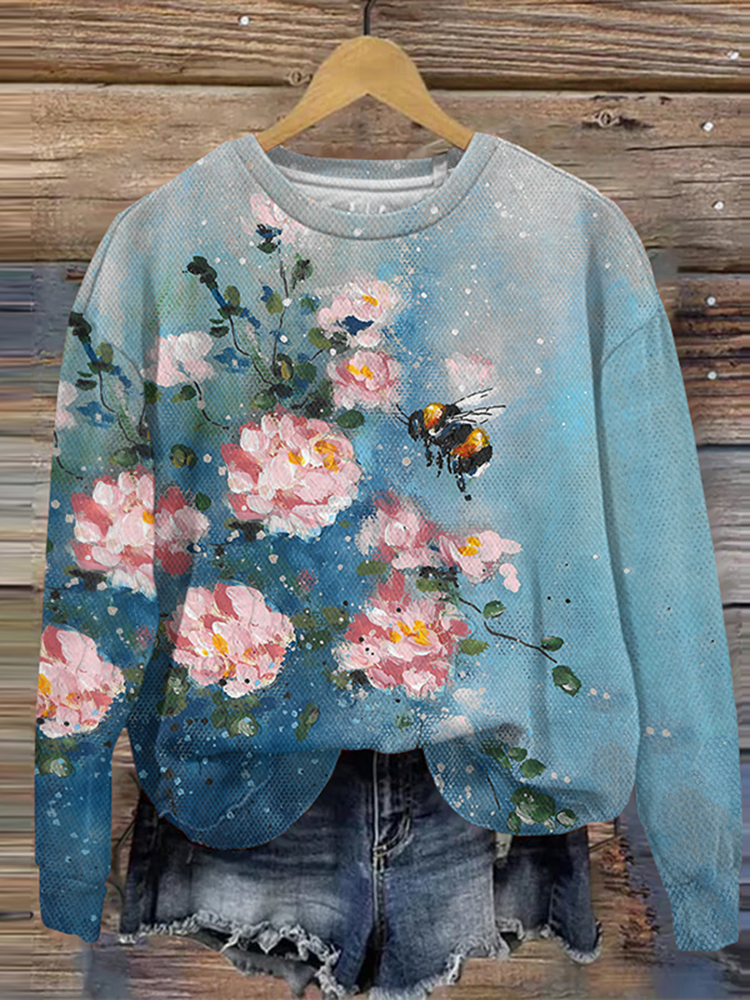 Bee Flower Art Print Crew Neck Sweatshirt