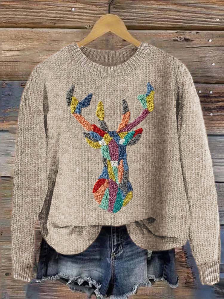 Women's Color Block Elk Round Neck Cozy Sweater