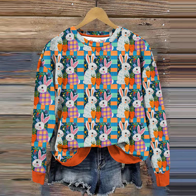 Plaid Bunny Print Crew Neck Sweatshirt