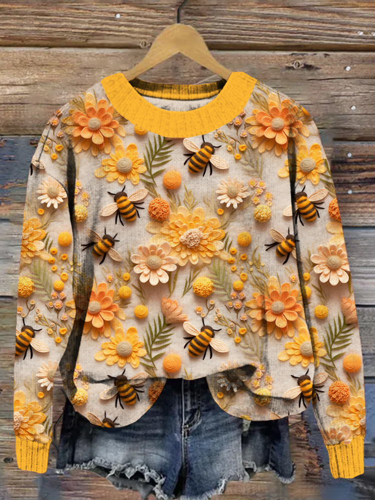 Cute Honey Bees Embroidery Art Cozy Sweater