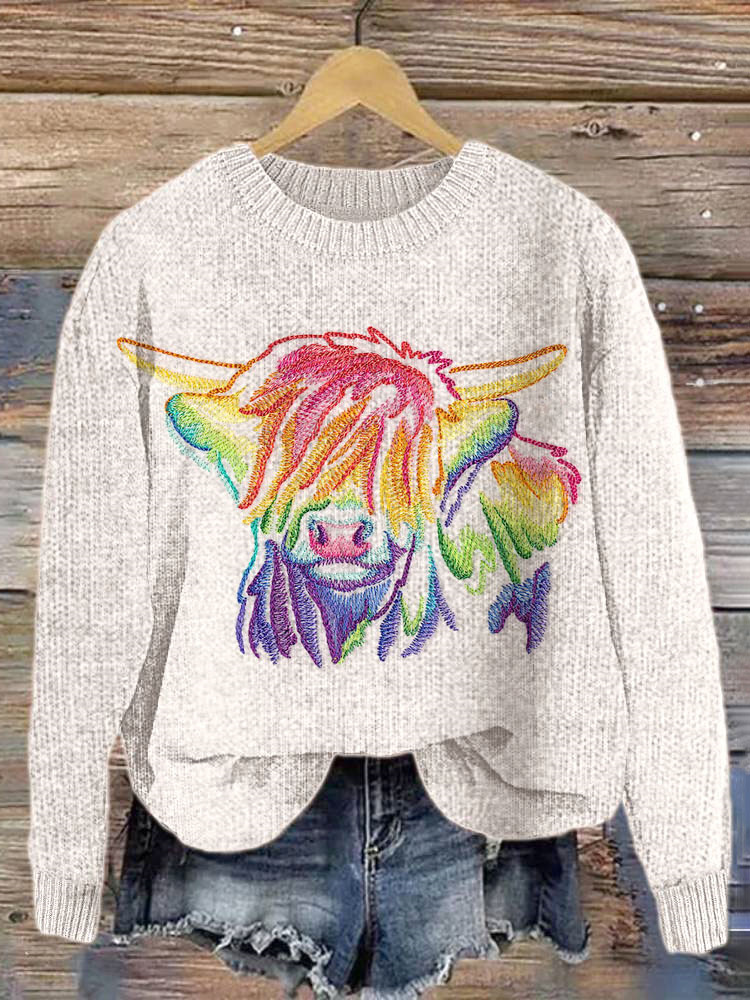 Rainbow Highland Cow Embroidery Art Cozy Knit Sweater