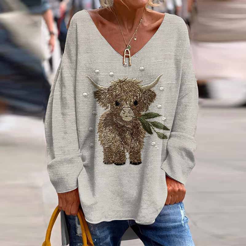 Highland Cow Print V-Neck Long Sleeved Loose T-Shirt