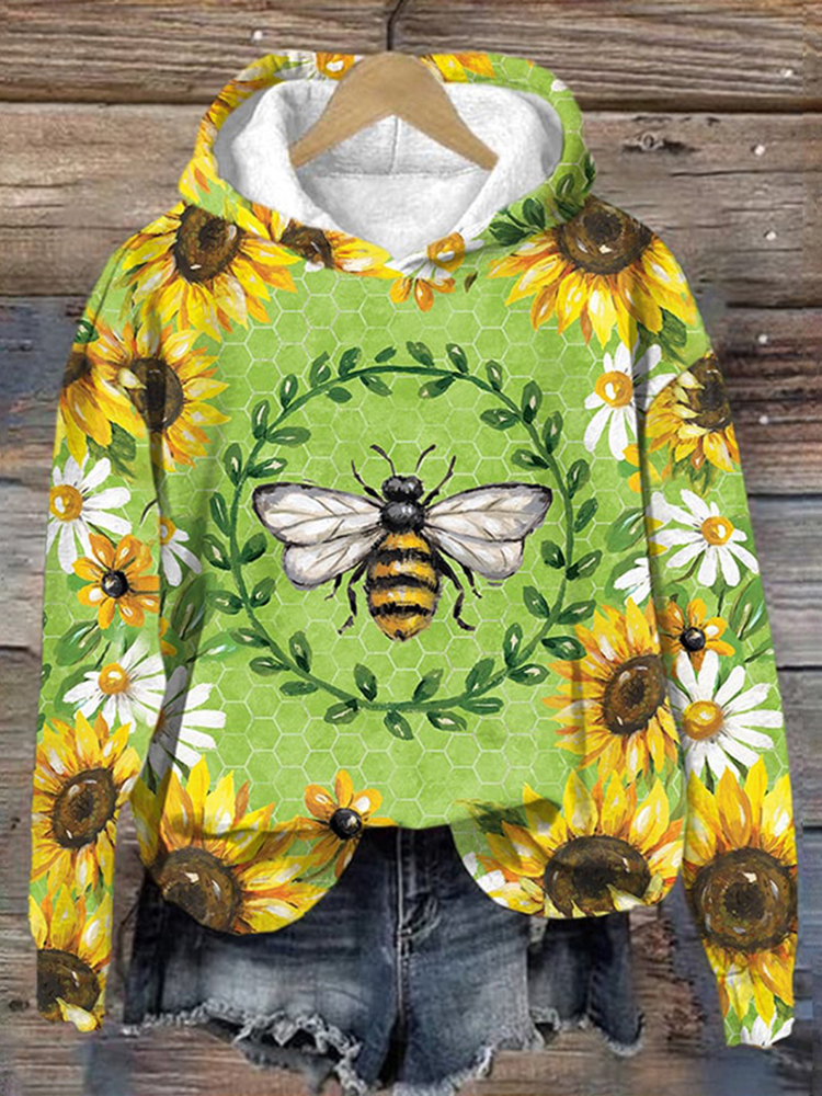 Bee And Flower Art Pattern Print Long Sleeve Sweatshirt