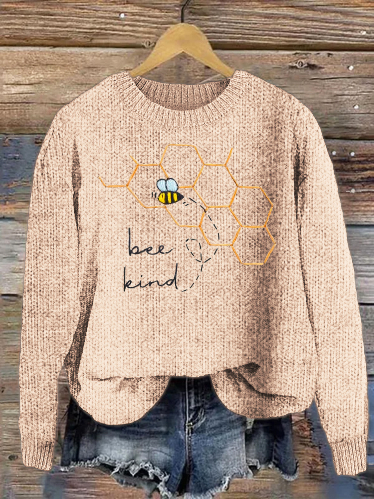 Bee Kind Embroidery Pattern Cozy Knit Sweater