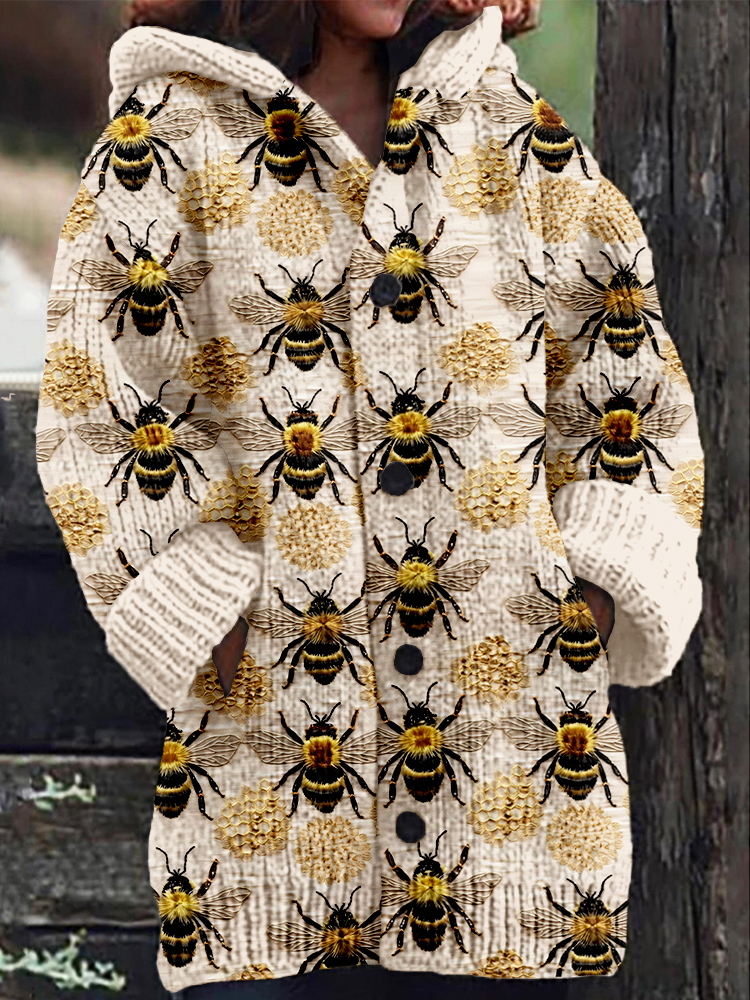 Cute Bumble Bee Embroidery Art Cozy Hooded Cardigan