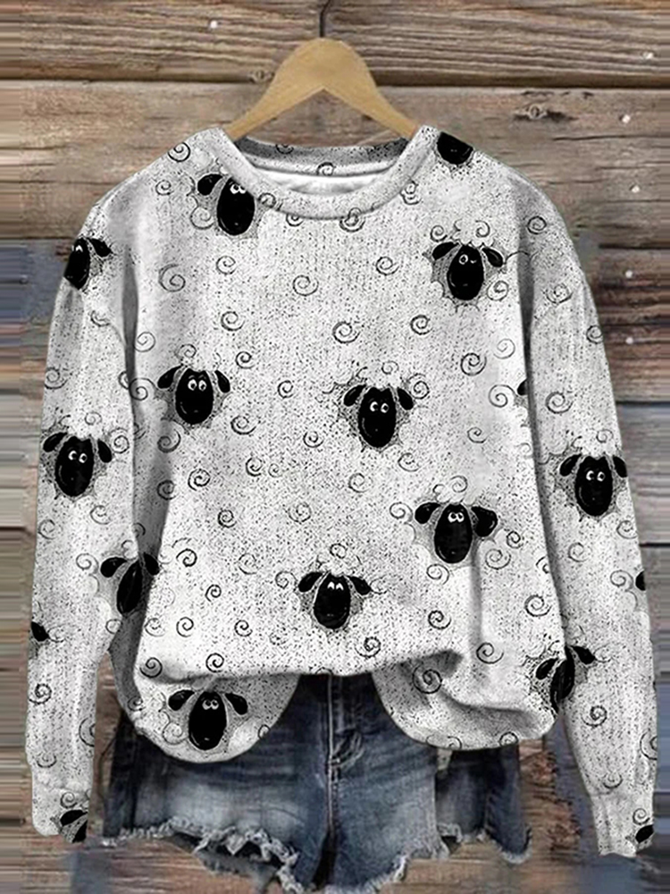 Women's Sheep Print Round Neck Long Sleeve Sweatshirt