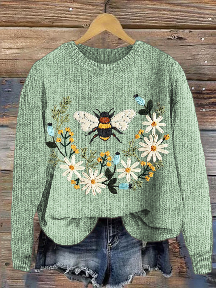 Bee & Floral Embroidery Knit Sweater