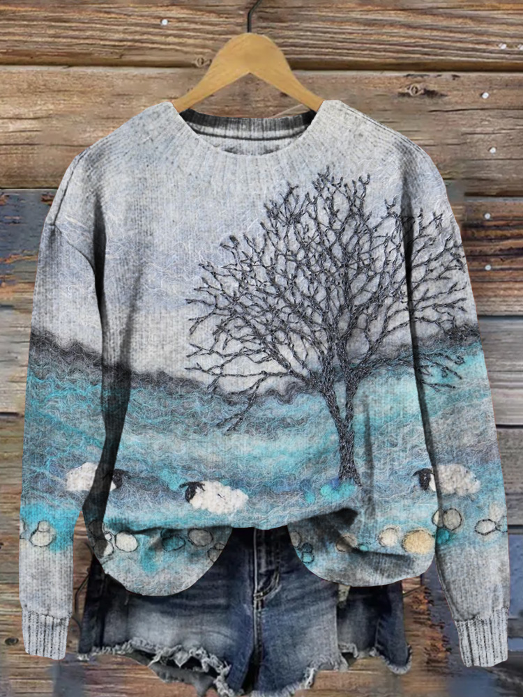 Sheep on the Moor Felt Art Cozy Knit Sweater