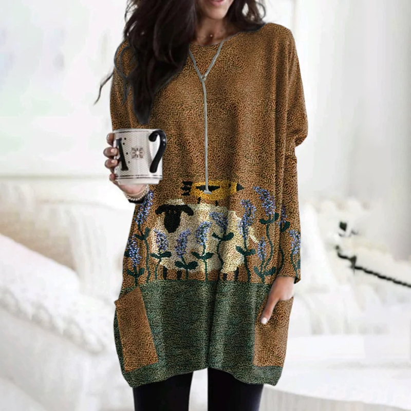Women's Cute Plush Sheep Pattern Print Tunic
