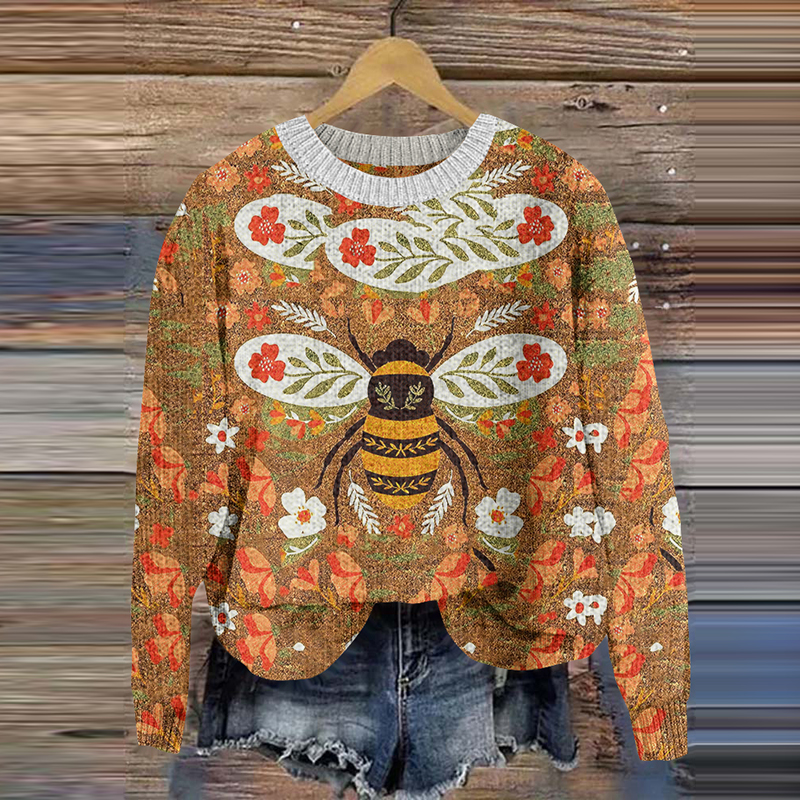 Floral Bees Pattern Cozy Knit Sweater