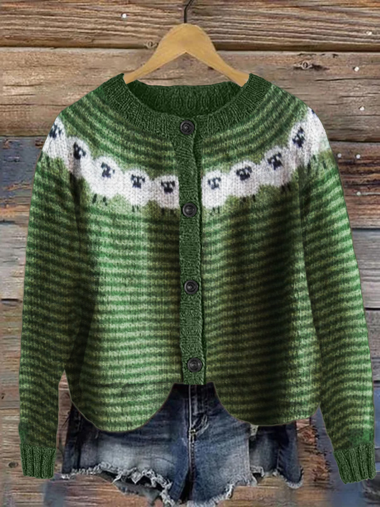 Vintage Sheep Yoke Striped Cozy Knit Cardigan