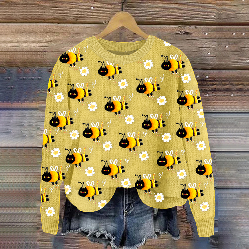 Women'S Funny Cat Bee And Floral Round Neck Casual Sweater