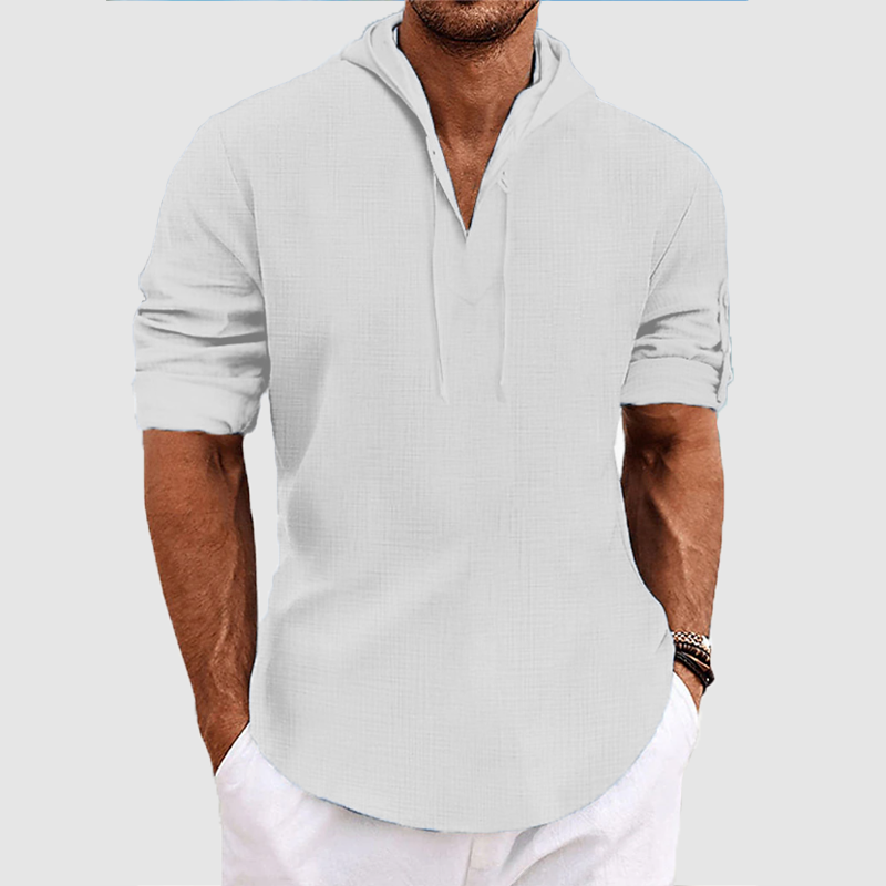 Men's casual cotton and linen loose solid color hooded shirt