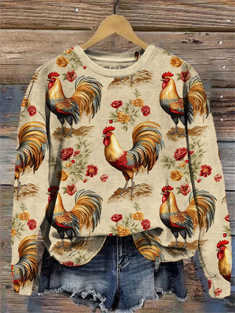 Vintage Flower & Chicken Print Crew Neck Sweatshirt