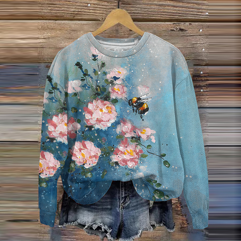 Bee Flower Art Print Crew Neck Sweatshirt