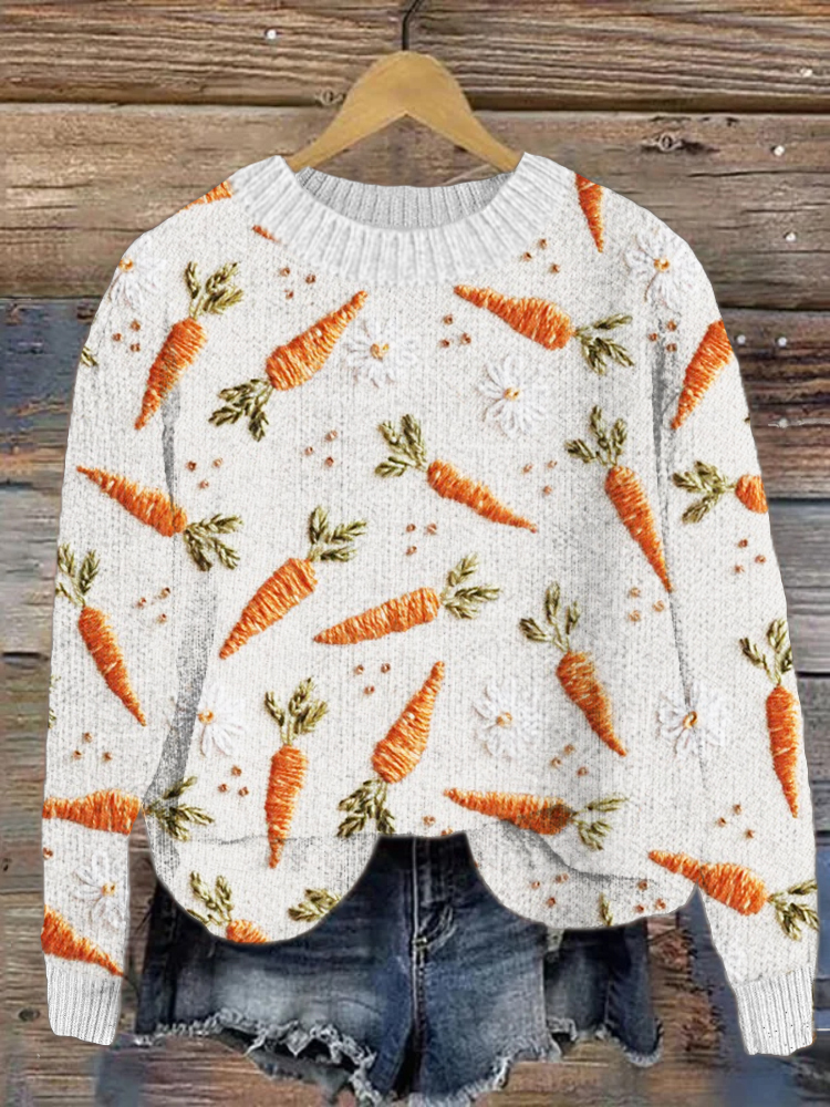 Carrot Embroidery Cozy Knit Sweater