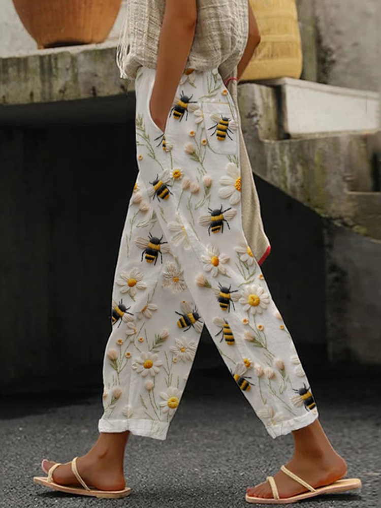 Daisy Bee Embroidery Art Print Casual Pants