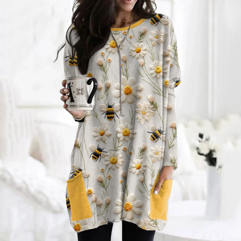 Daisy Bee Embroidery Art Print Tunic