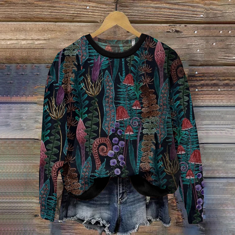 Forest Mushroom Printing Casual Round Neck Sweatshirt